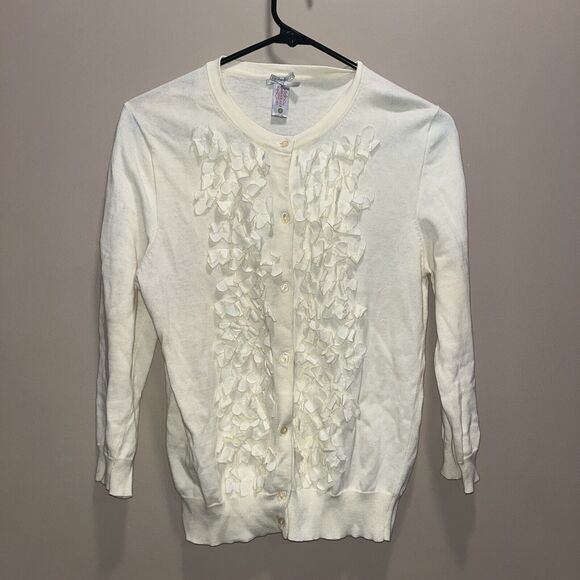 Down East Basic Womens Ruffle Front Ivory Cardigan L Feminine Cottage Twee Angel - Picture 1 of 11